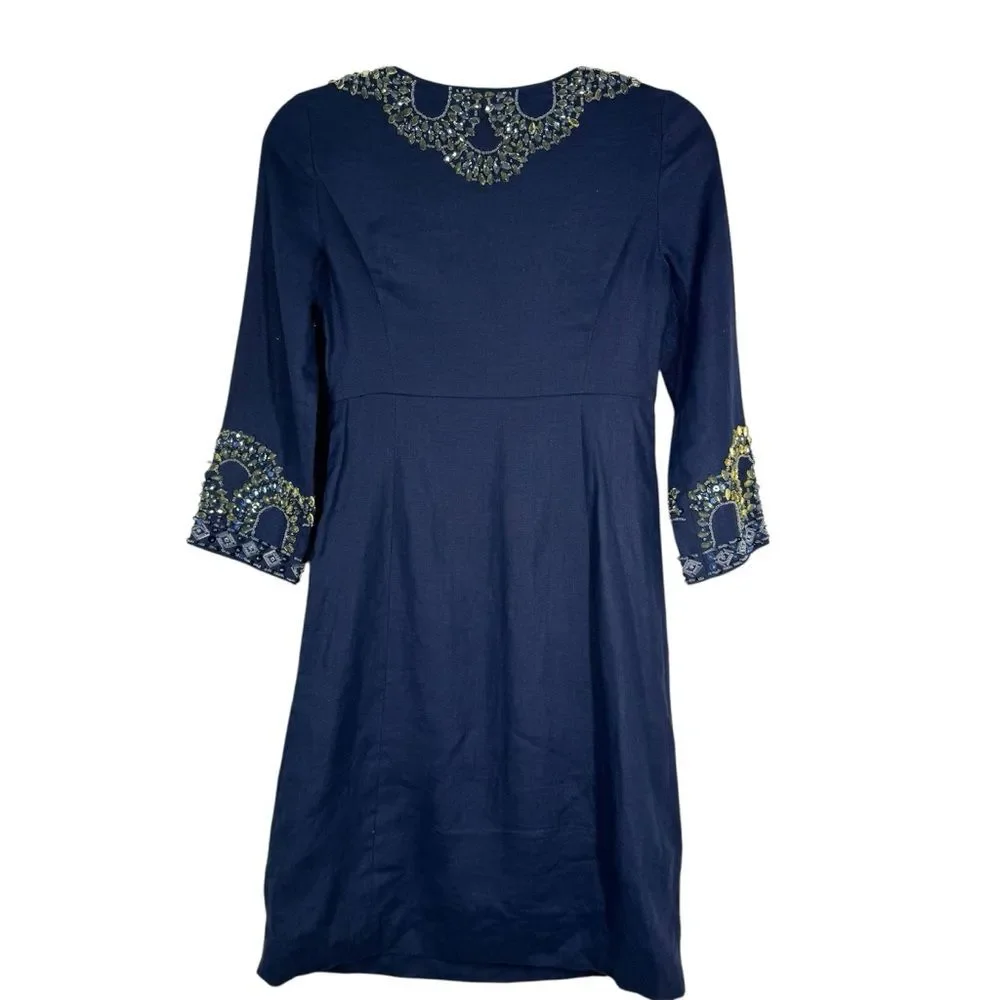 Tory Burch Navy Blue Beaded Linen Dress Embellished Vacation Women’s Size 0